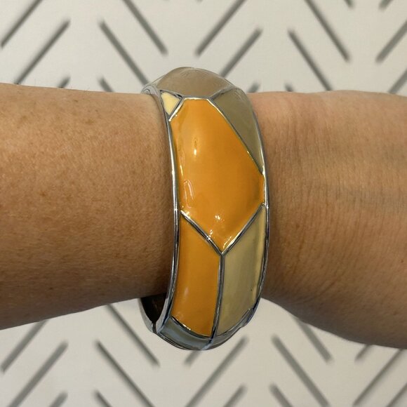 Vintage Enamel Clamper Bracelet Cuff Bangle Clamper Bracelet Orange Tan Yellow - Picture 6 of 7